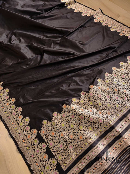 Jet Black Plain Pure Katan Silk Kadwa Handweaved Meenakari Banarasi Saree