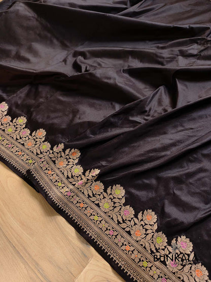 Jet Black Plain Pure Katan Silk Kadwa Handweaved Meenakari Banarasi Saree