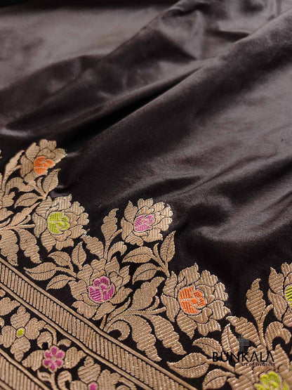Jet Black Plain Pure Katan Silk Kadwa Handweaved Meenakari Banarasi Saree