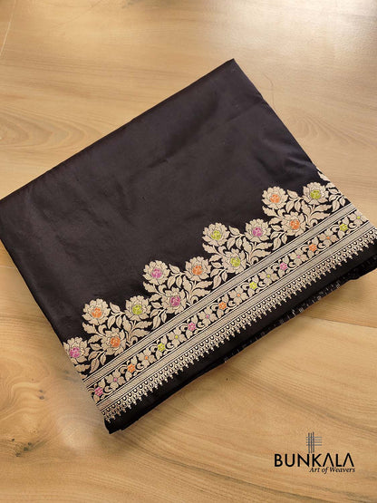 Jet Black Plain Pure Katan Silk Kadwa Handweaved Meenakari Banarasi Saree