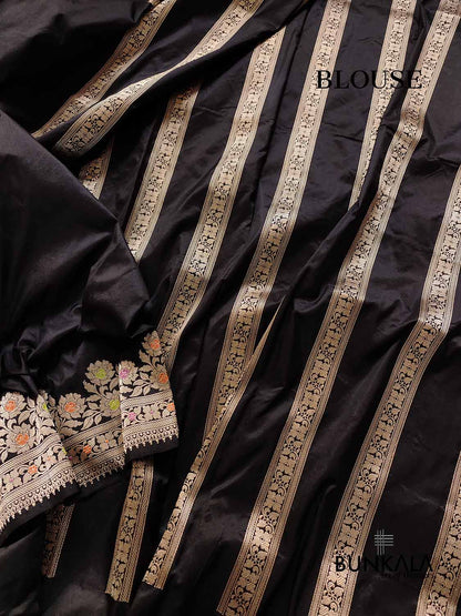Jet Black Plain Pure Katan Silk Kadwa Handweaved Meenakari Banarasi Saree