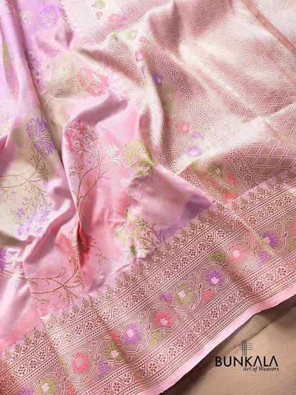 Pastel Baby Pink Rangkaat Pure Katan Silk Kadwa Handweaved Jaal Design Meenakari Banarasi Saree