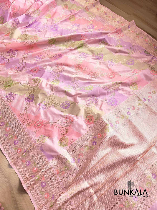 Pastel Baby Pink Rangkaat Pure Katan Silk Kadwa Handweaved Jaal Design Meenakari Banarasi Saree