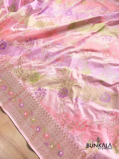 Pastel Baby Pink Rangkaat Pure Katan Silk Kadwa Handweaved Jaal Design Meenakari Banarasi Saree