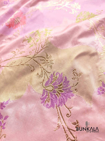 Pastel Baby Pink Rangkaat Pure Katan Silk Kadwa Handweaved Jaal Design Meenakari Banarasi Saree