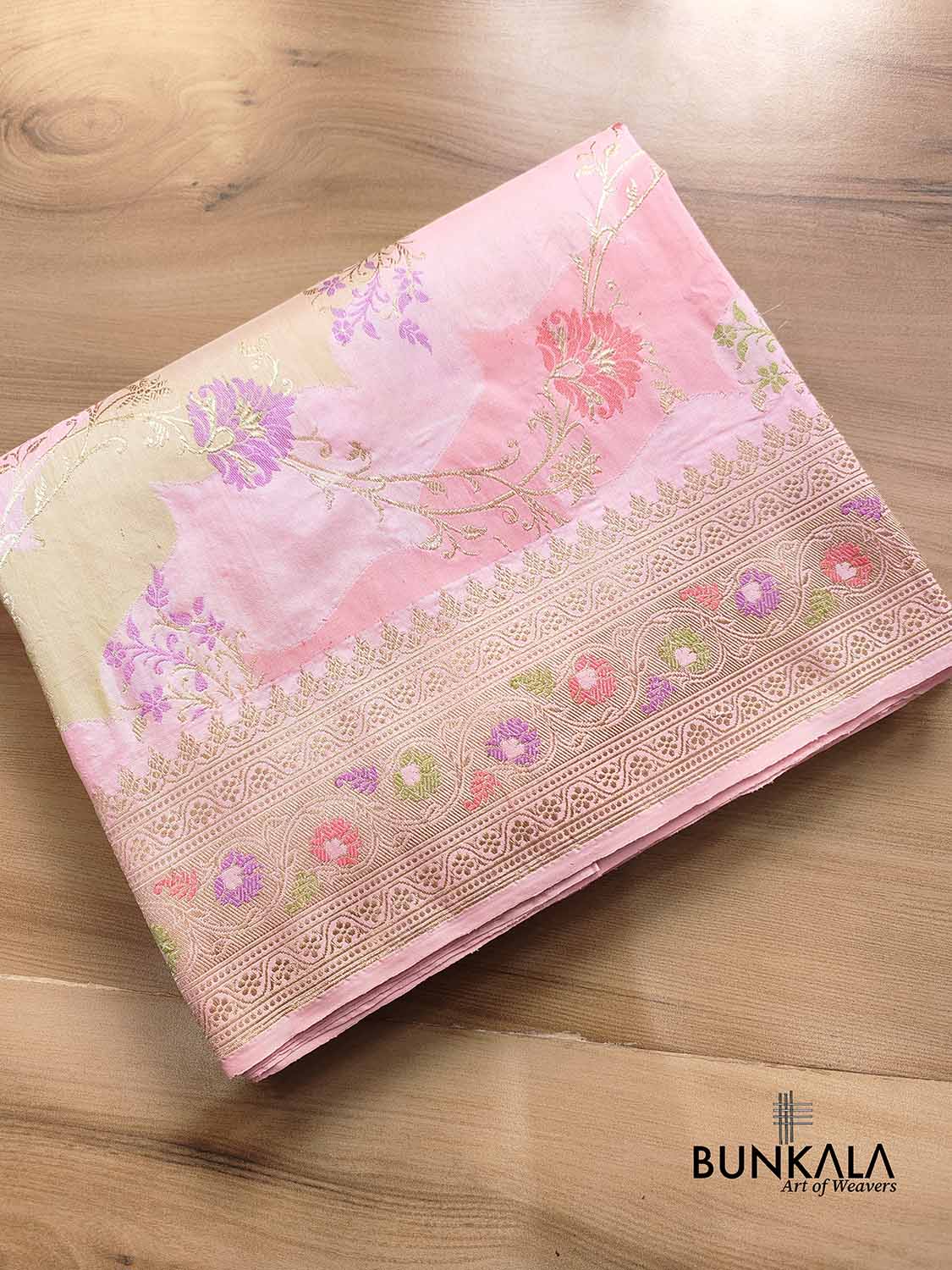 Shop Baby Pink Rangkaat Katan Silk Kadwa Jaal Meenakari Banarasi