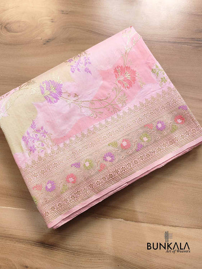 Pastel Baby Pink Rangkaat Pure Katan Silk Kadwa Handweaved Jaal Design Meenakari Banarasi Saree