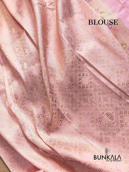 Pastel Baby Pink Rangkaat Pure Katan Silk Kadwa Handweaved Jaal Design Meenakari Banarasi Saree