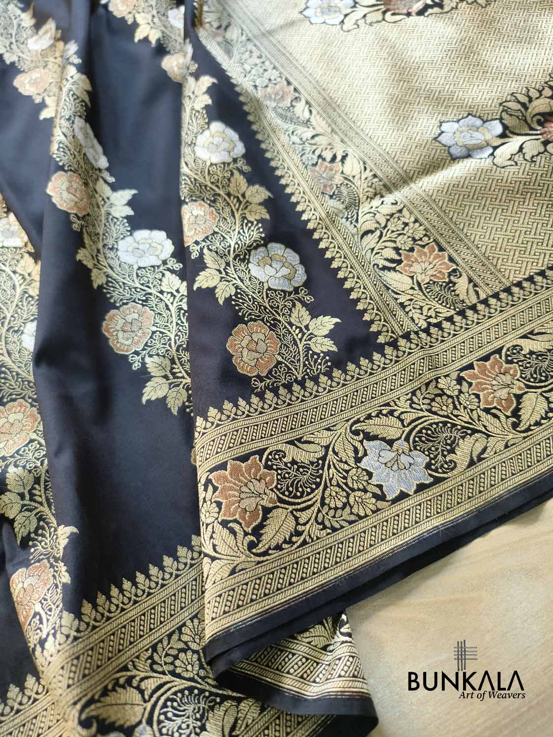 Black Floral Meenakari Stripe Weaved Banarasi Silk Saree
