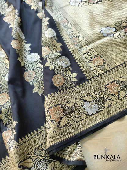 Black Floral Meenakari Stripe Weaved Banarasi Silk Saree
