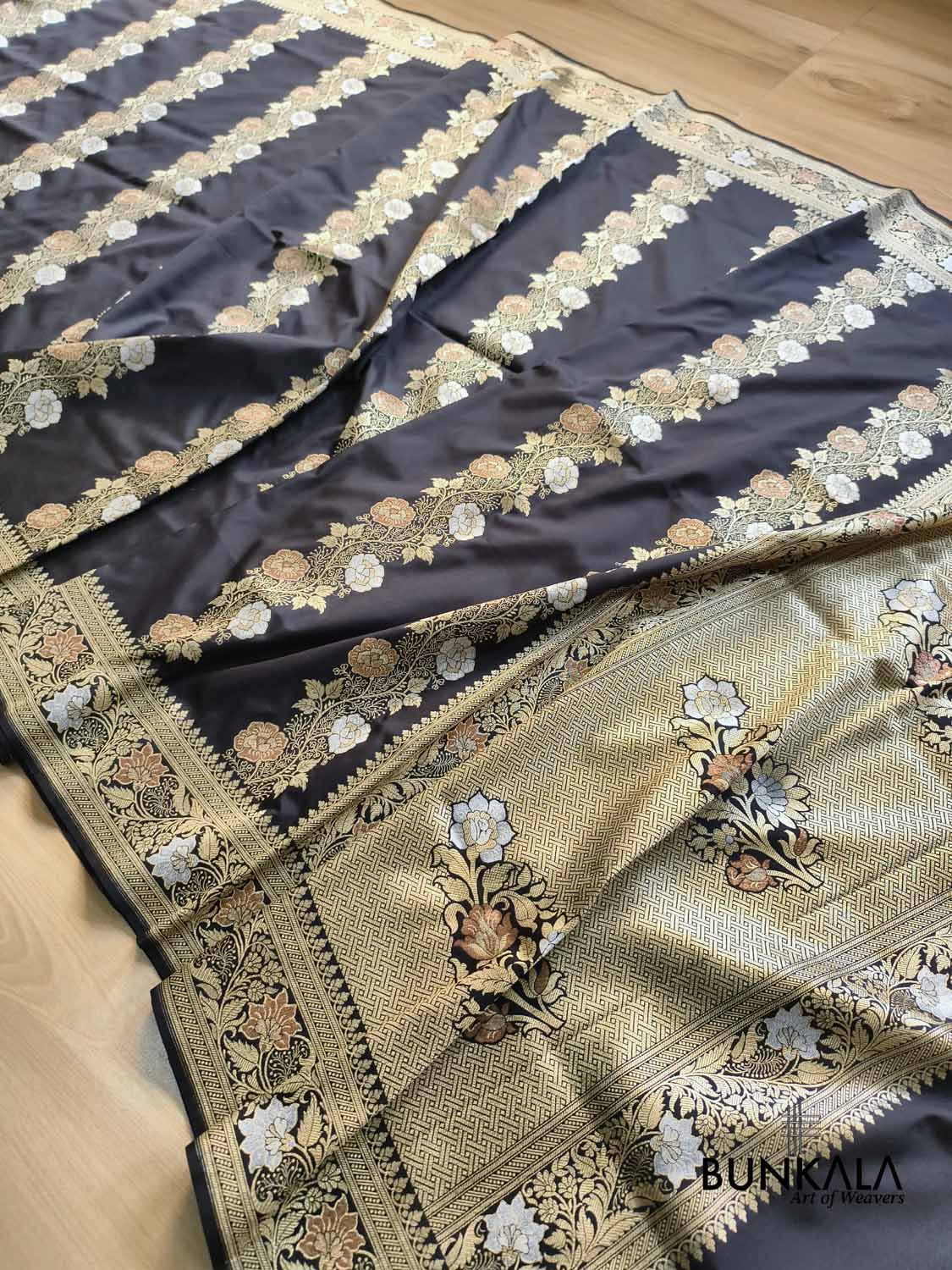 Black Floral Meenakari Stripe Weaved Banarasi Silk Saree