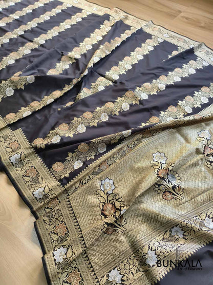 Black Floral Meenakari Stripe Weaved Banarasi Silk Saree