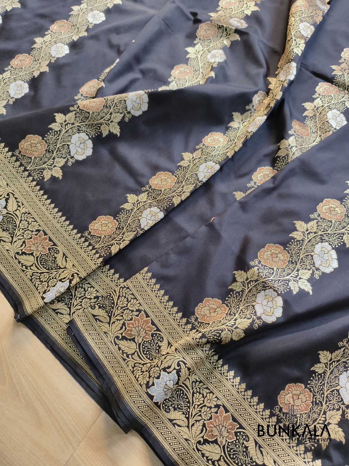 Black Floral Meenakari Stripe Weaved Banarasi Silk Saree