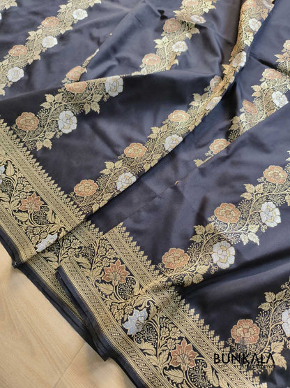 Black Floral Meenakari Stripe Weaved Banarasi Silk Saree