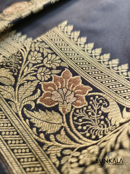 Black Floral Meenakari Stripe Weaved Banarasi Silk Saree