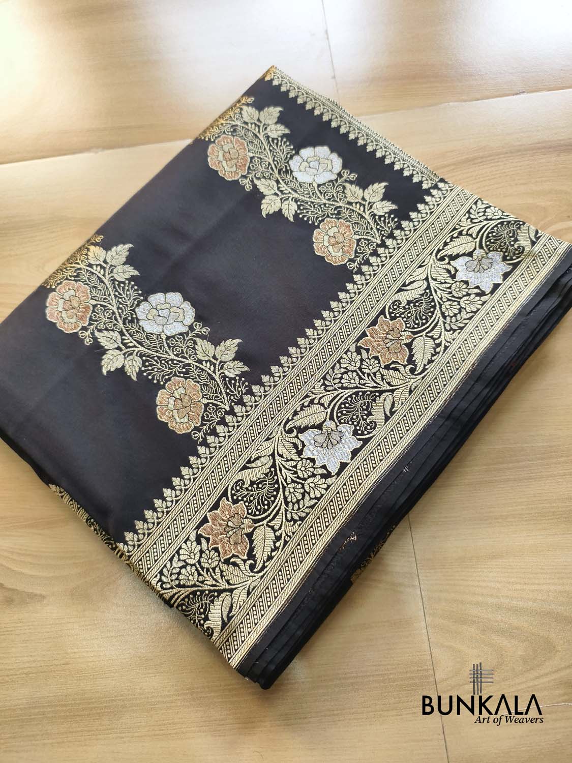 Black Floral Meenakari Stripe Weaved Banarasi Silk Saree