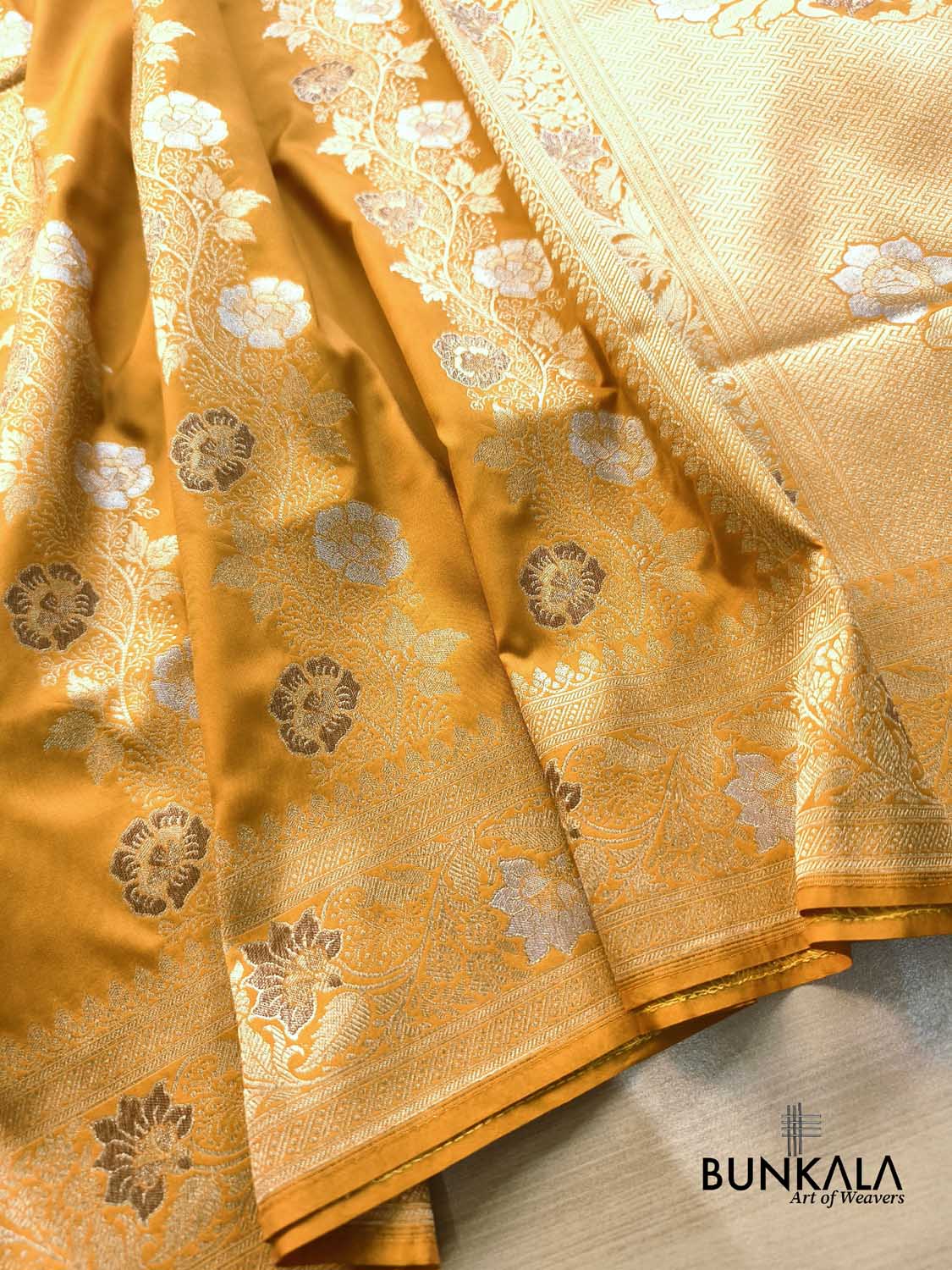 Deep Yellow Meenakari Stripe Weaved Banarasi Silk Saree