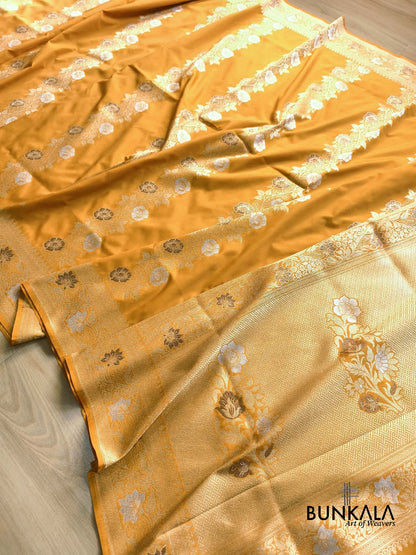Deep Yellow Meenakari Stripe Weaved Banarasi Silk Saree