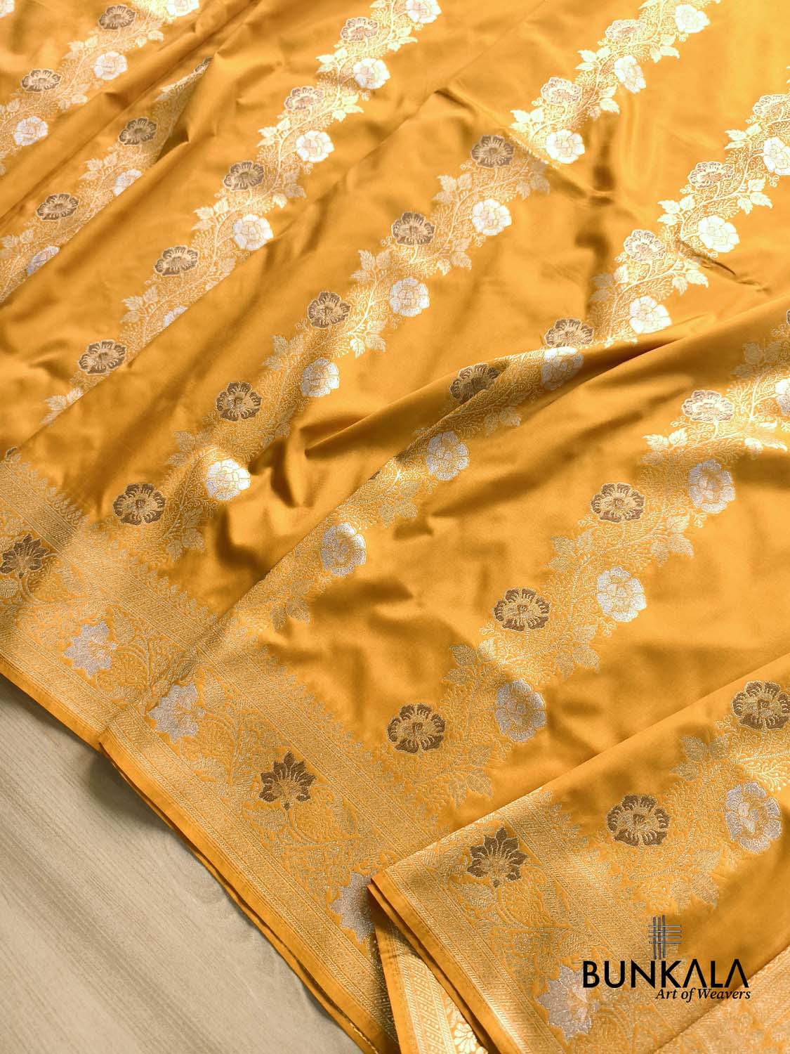 Deep Yellow Meenakari Stripe Weaved Banarasi Silk Saree