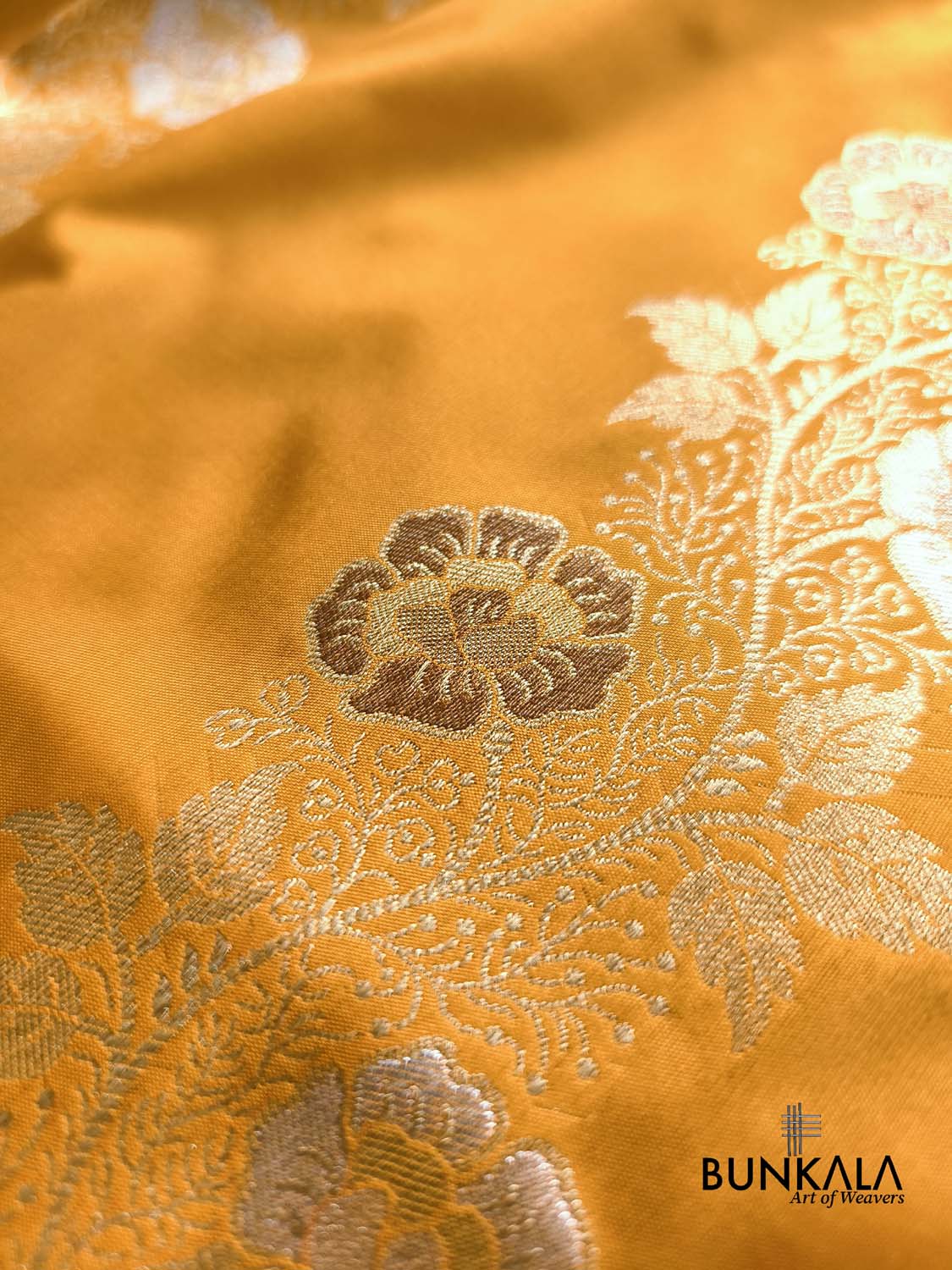 Deep Yellow Meenakari Stripe Weaved Banarasi Silk Saree