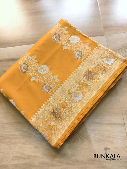 Deep Yellow Meenakari Stripe Weaved Banarasi Silk Saree