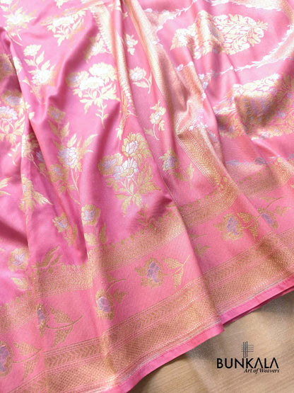 Rose Pink Flower Sona Rupa Buta Weaved Banarasi Silk Saree