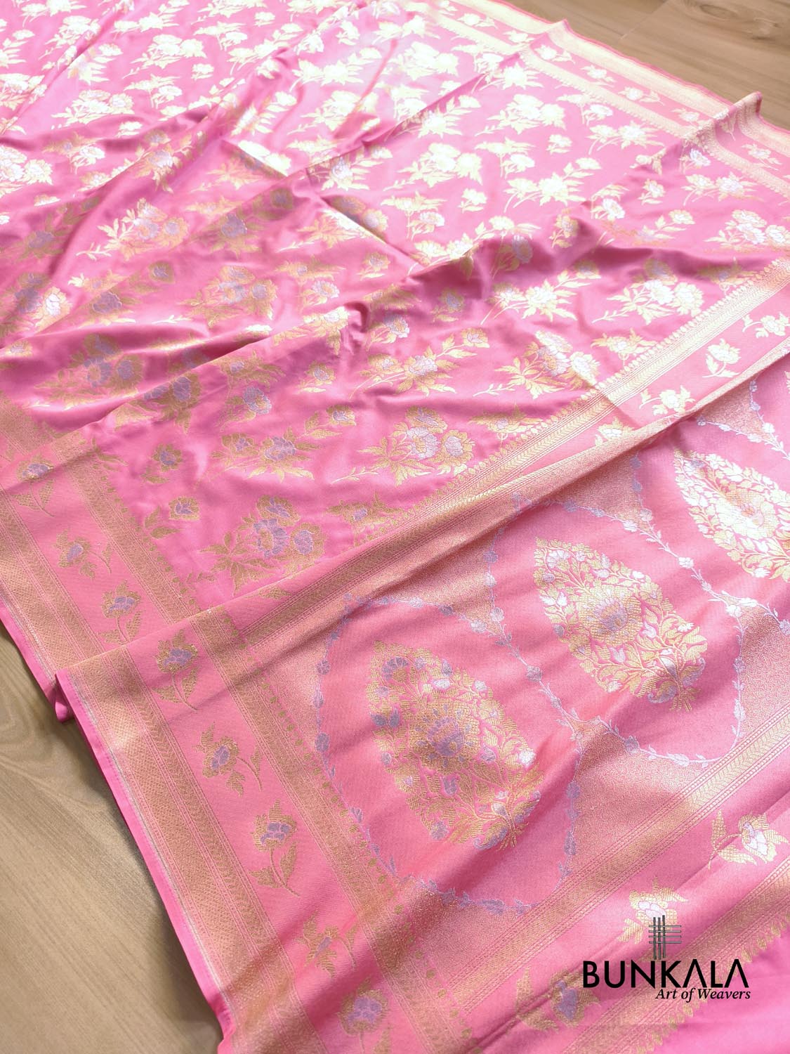 Rose Pink Flower Sona Rupa Buta Weaved Banarasi Silk Saree
