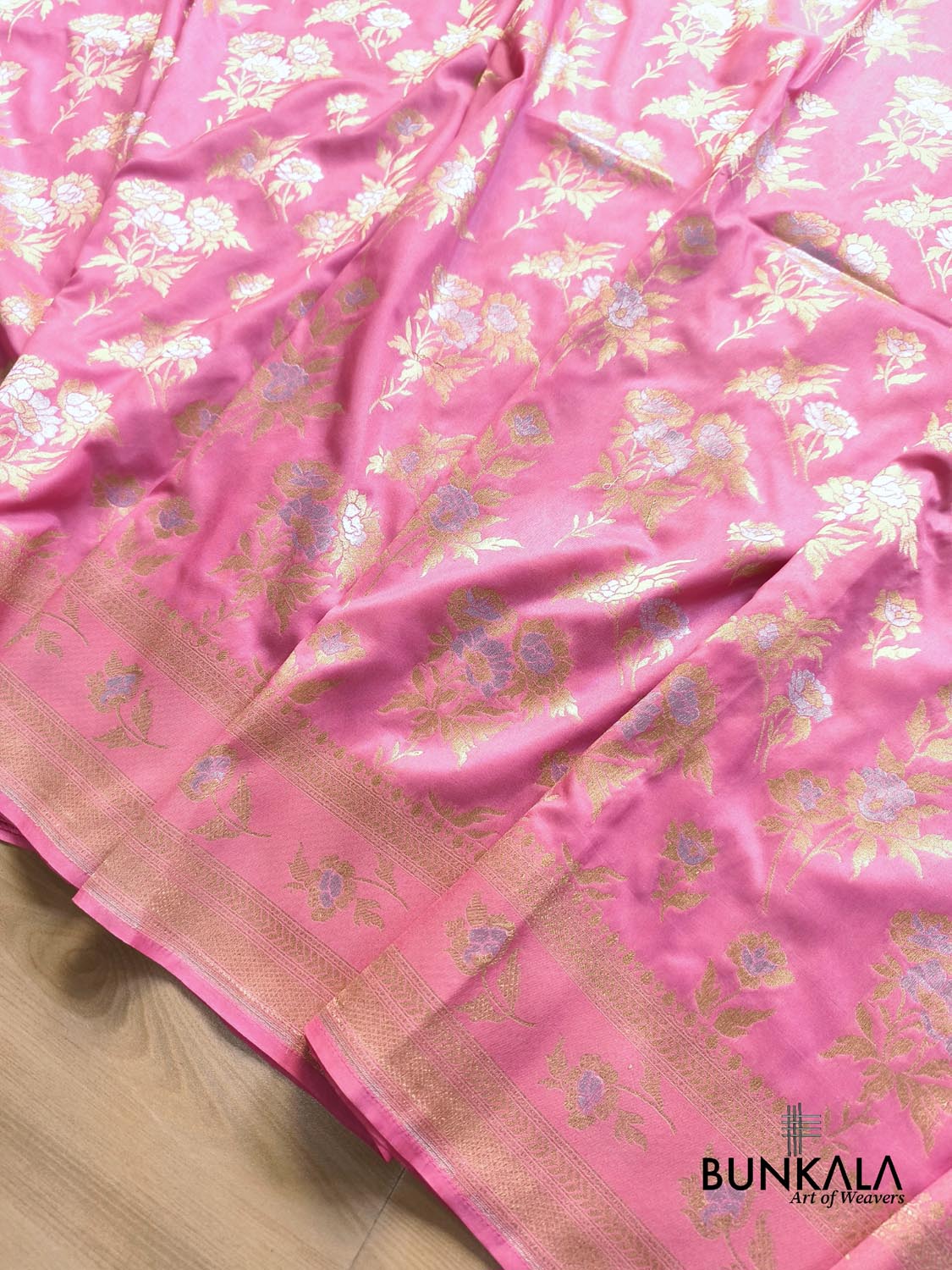 Rose Pink Flower Sona Rupa Buta Weaved Banarasi Silk Saree