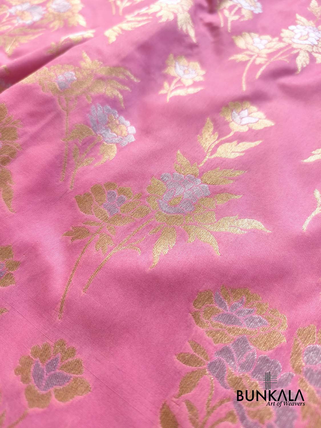 Rose Pink Flower Sona Rupa Buta Weaved Banarasi Silk Saree