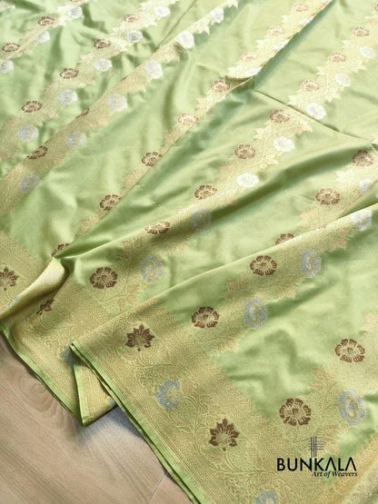 Pista Green Floral Meenakari Stripe Weaved Banarasi Silk Saree