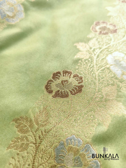 Pista Green Floral Meenakari Stripe Weaved Banarasi Silk Saree