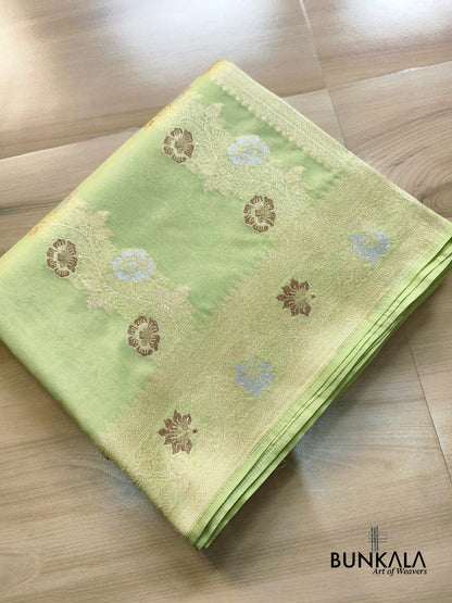 Pista Green Floral Meenakari Stripe Weaved Banarasi Silk Saree