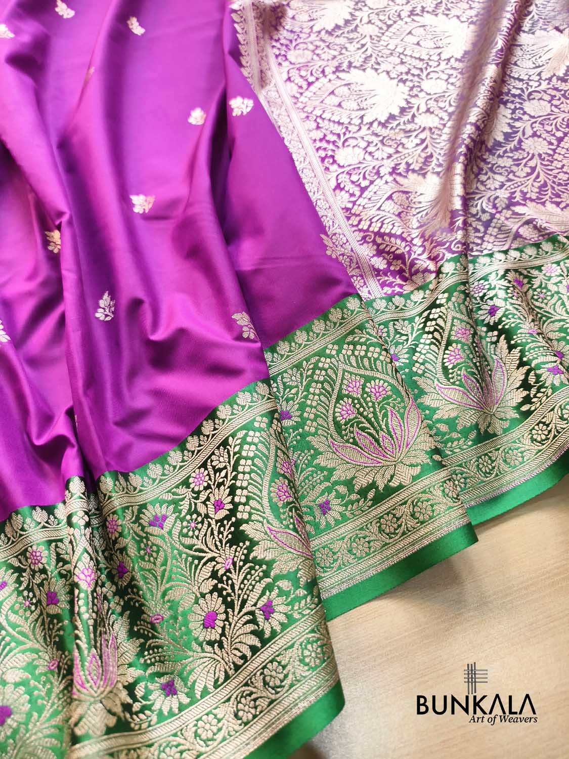 Purple Contrast Green Meena Border Weaved Banarasi Silk Saree