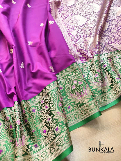 Purple Contrast Green Meena Border Weaved Banarasi Silk Saree