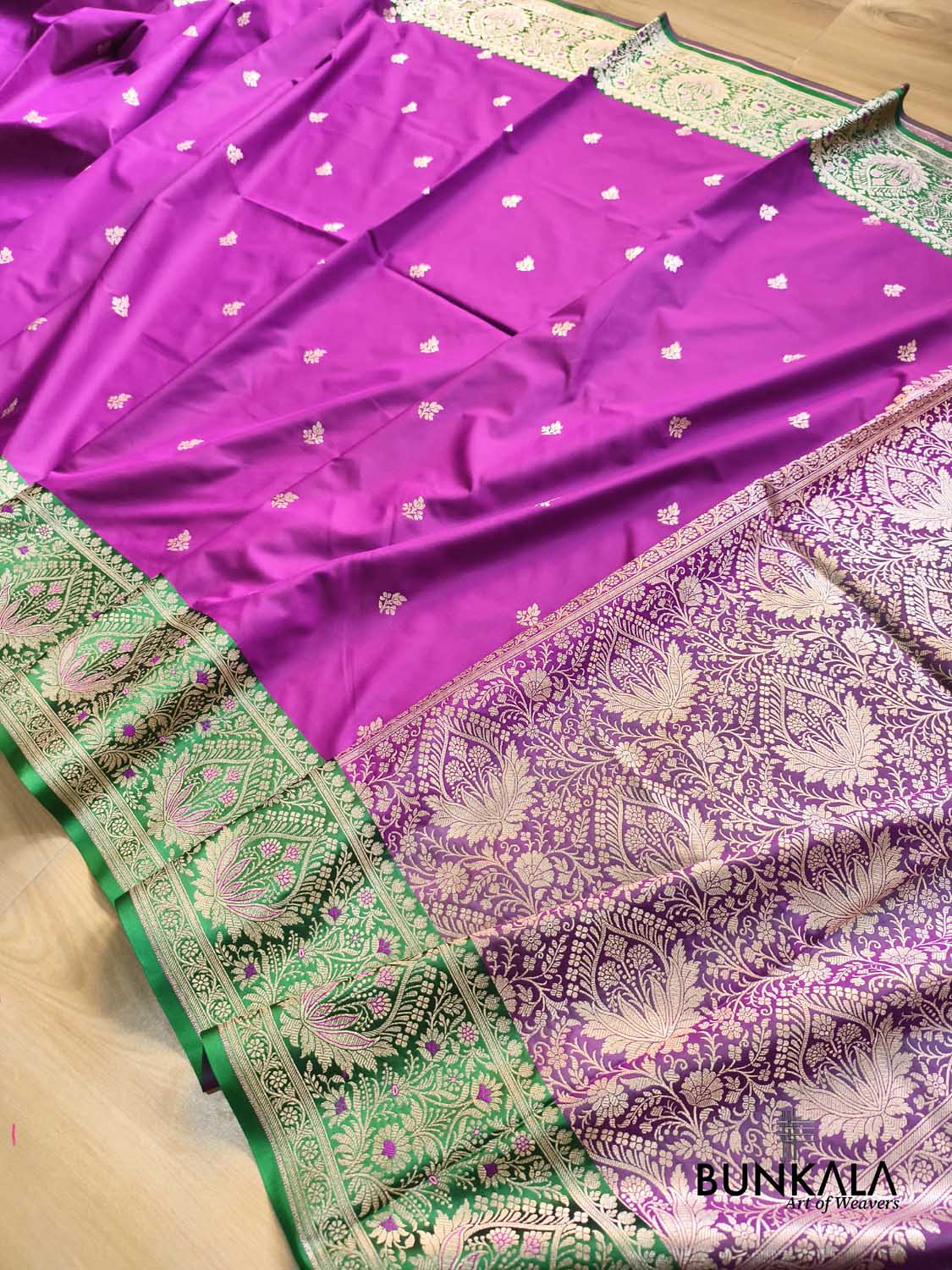 Purple Contrast Green Meena Border Weaved Banarasi Silk Saree