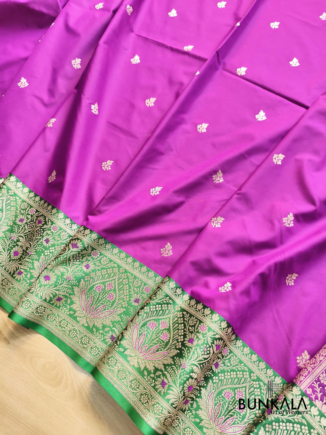 Purple Contrast Green Meena Border Weaved Banarasi Silk Saree