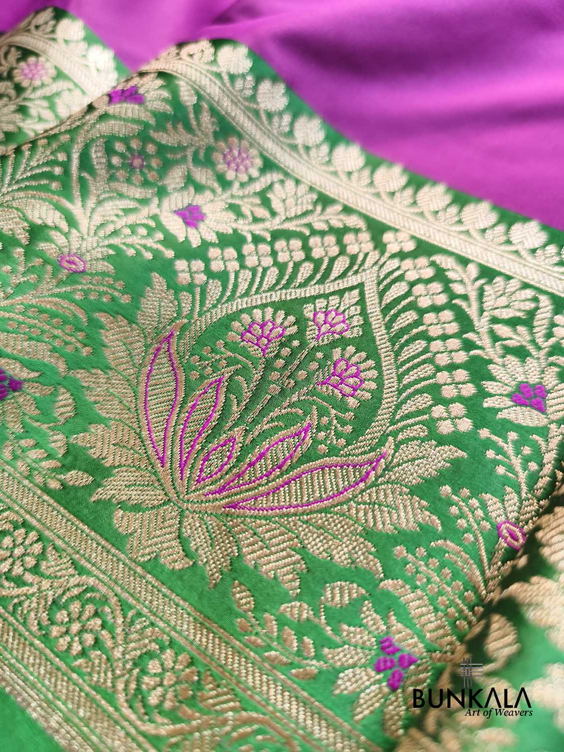 Purple Contrast Green Meena Border Weaved Banarasi Silk Saree