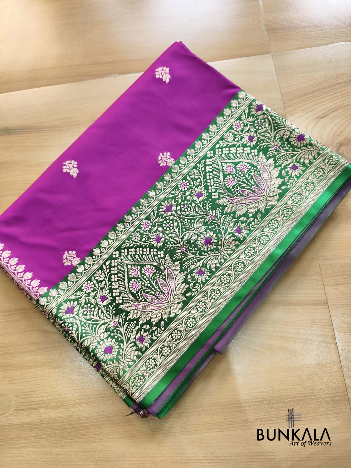 Purple Contrast Green Meena Border Weaved Banarasi Silk Saree