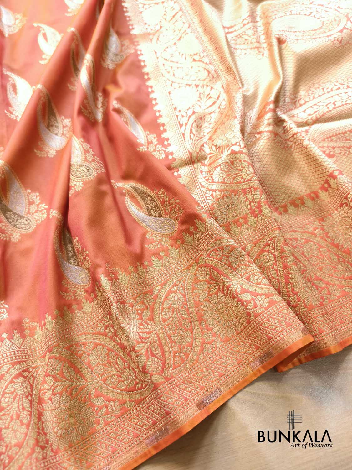 Pink Orange Paisley Sona Rupa Buta Weaved Banarasi Silk Saree
