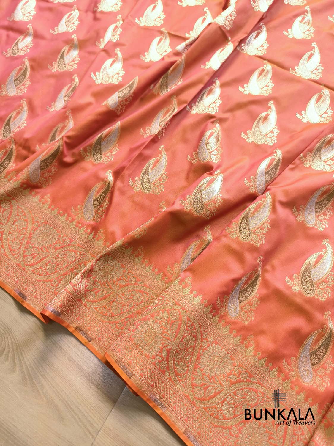 Pink Orange Paisley Sona Rupa Buta Weaved Banarasi Silk Saree