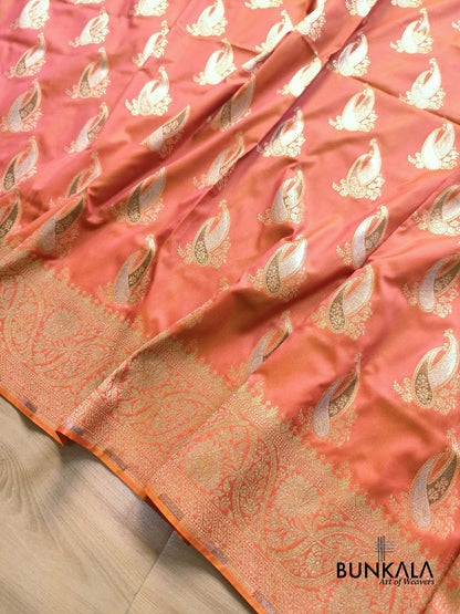 Pink Orange Paisley Sona Rupa Buta Weaved Banarasi Silk Saree