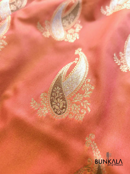 Pink Orange Paisley Sona Rupa Buta Weaved Banarasi Silk Saree
