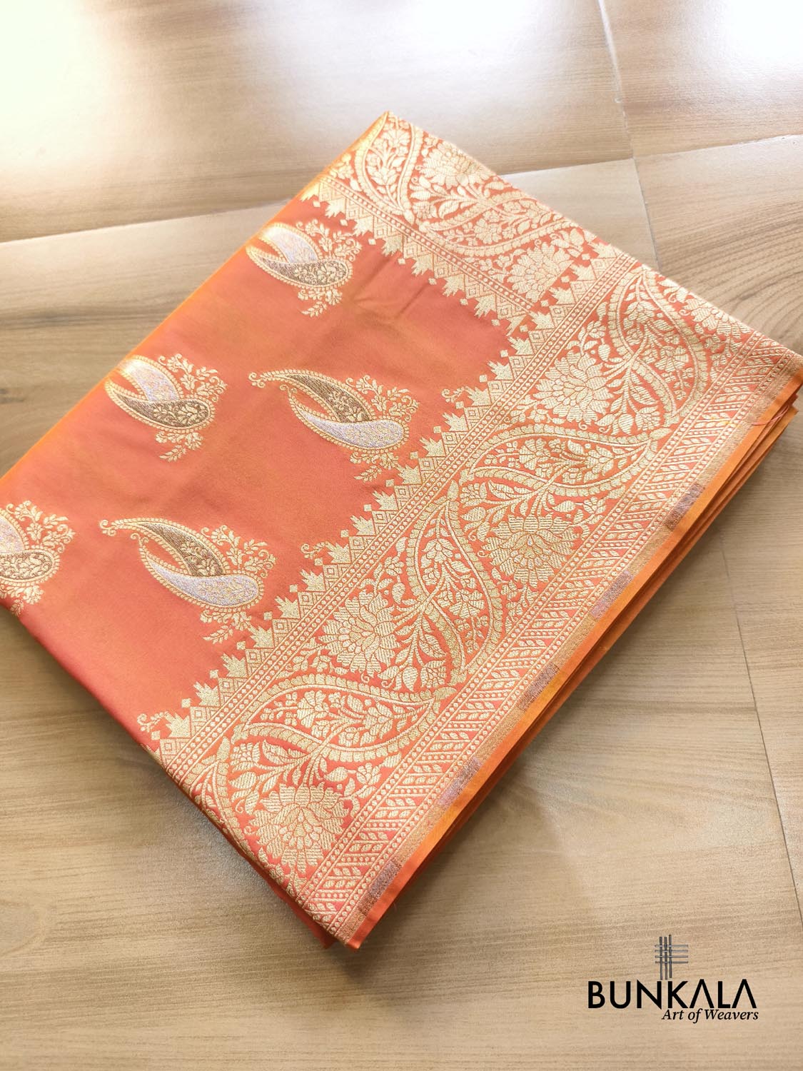 Pink Orange Paisley Sona Rupa Buta Weaved Banarasi Silk Saree
