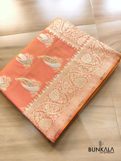 Pink Orange Paisley Sona Rupa Buta Weaved Banarasi Silk Saree