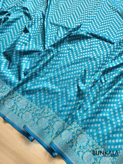Aqua Blue Floral Border Sona Rupa Buti Weaved Banarasi Silk Saree