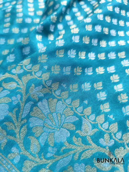 Aqua Blue Floral Border Sona Rupa Buti Weaved Banarasi Silk Saree