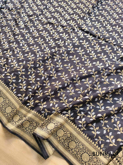 Black Leaf Pattern Sona Rupa Weaved Banarasi Silk Saree