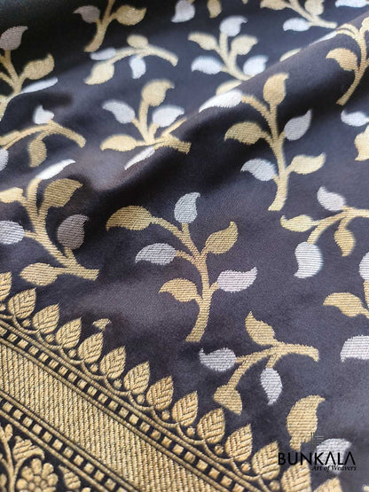 Black Leaf Pattern Sona Rupa Weaved Banarasi Silk Saree
