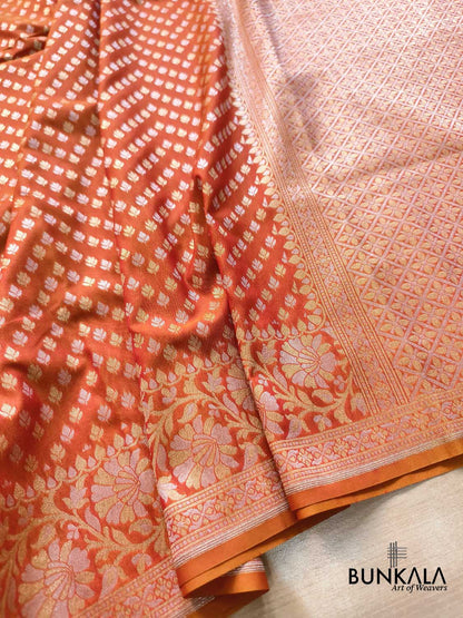 Vibrant Pink & Orange Shaded Floral Border Sona Rupa Buti Weaved Banarasi Silk Saree