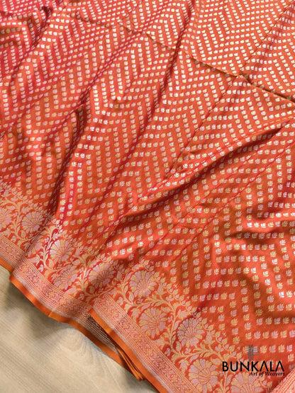 Vibrant Pink & Orange Shaded Floral Border Sona Rupa Buti Weaved Banarasi Silk Saree